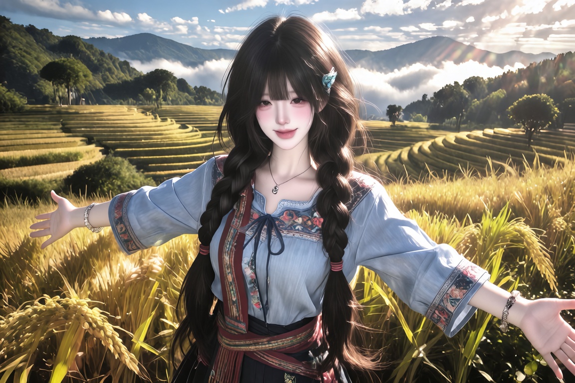 An girl with long black hair in two loose braids,  wearing a light indigo ethnic-style blouse with colorful embroidery and...