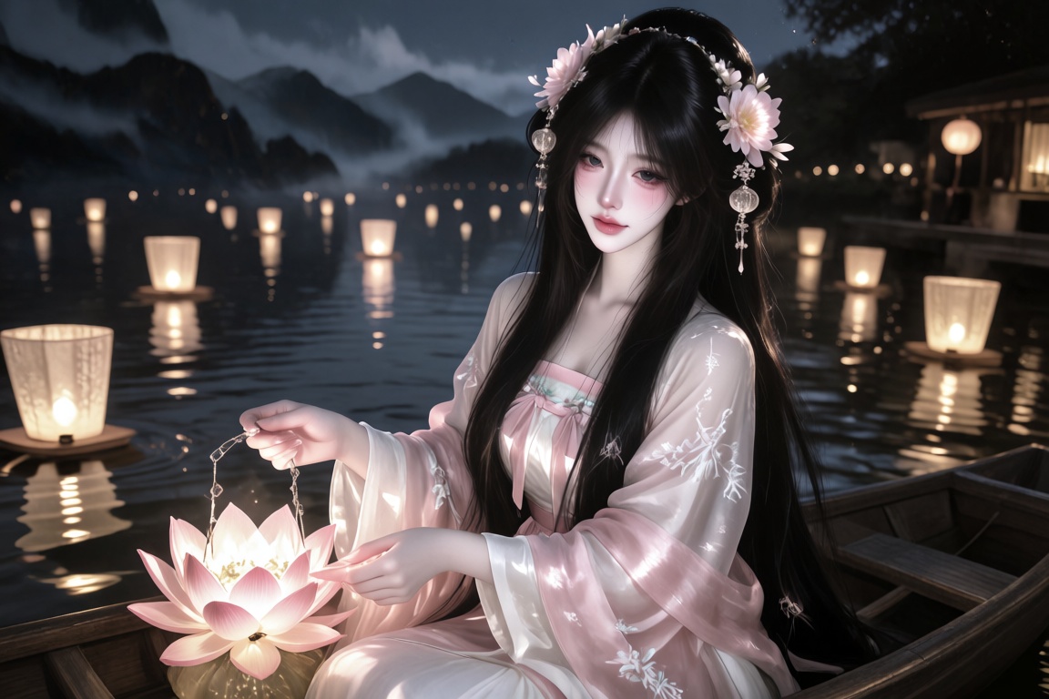 An Asian female,  20 year old,  long black hair adorned with small lanterns-shaped ornaments and a pale-pink flower crown...