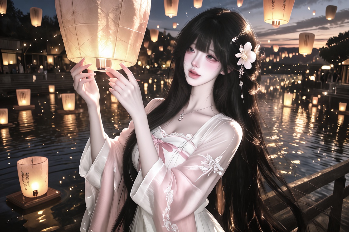 An Asian female,  20 year old,  long black hair and a flower hairpin on Tensor.Art