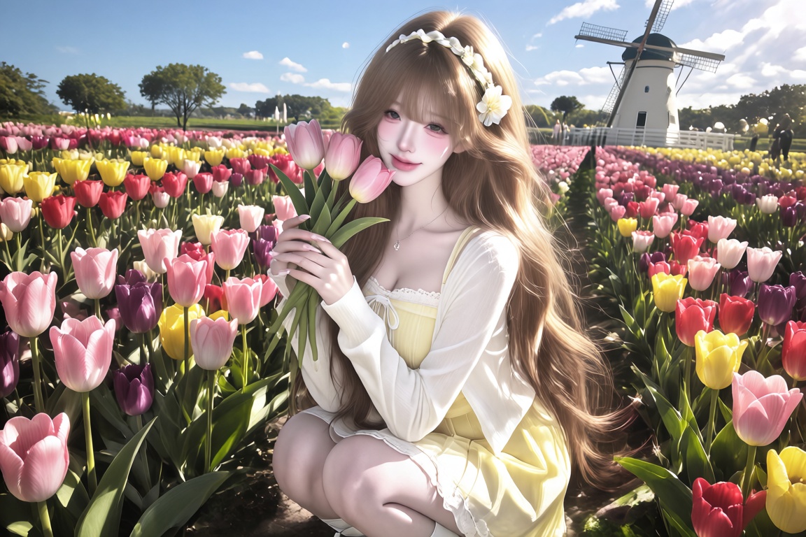An Asian female,  20 year old,  long light-brown hair and a floral headband on Tensor.Art
