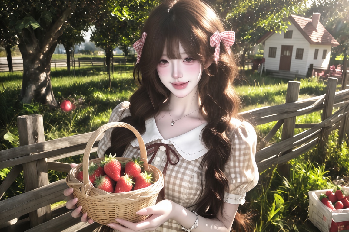 An Asian female,  20 year old,  two low pigtails tied with gingham ribbons on Tensor.Art