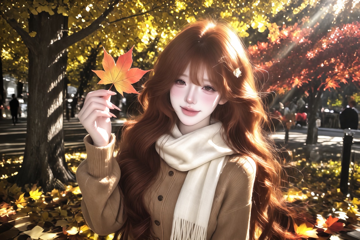 An Asian girl with long soft-curled auburn hair,  wearing a caramel knit dress and a cream scarf,  holding a fallen maple...