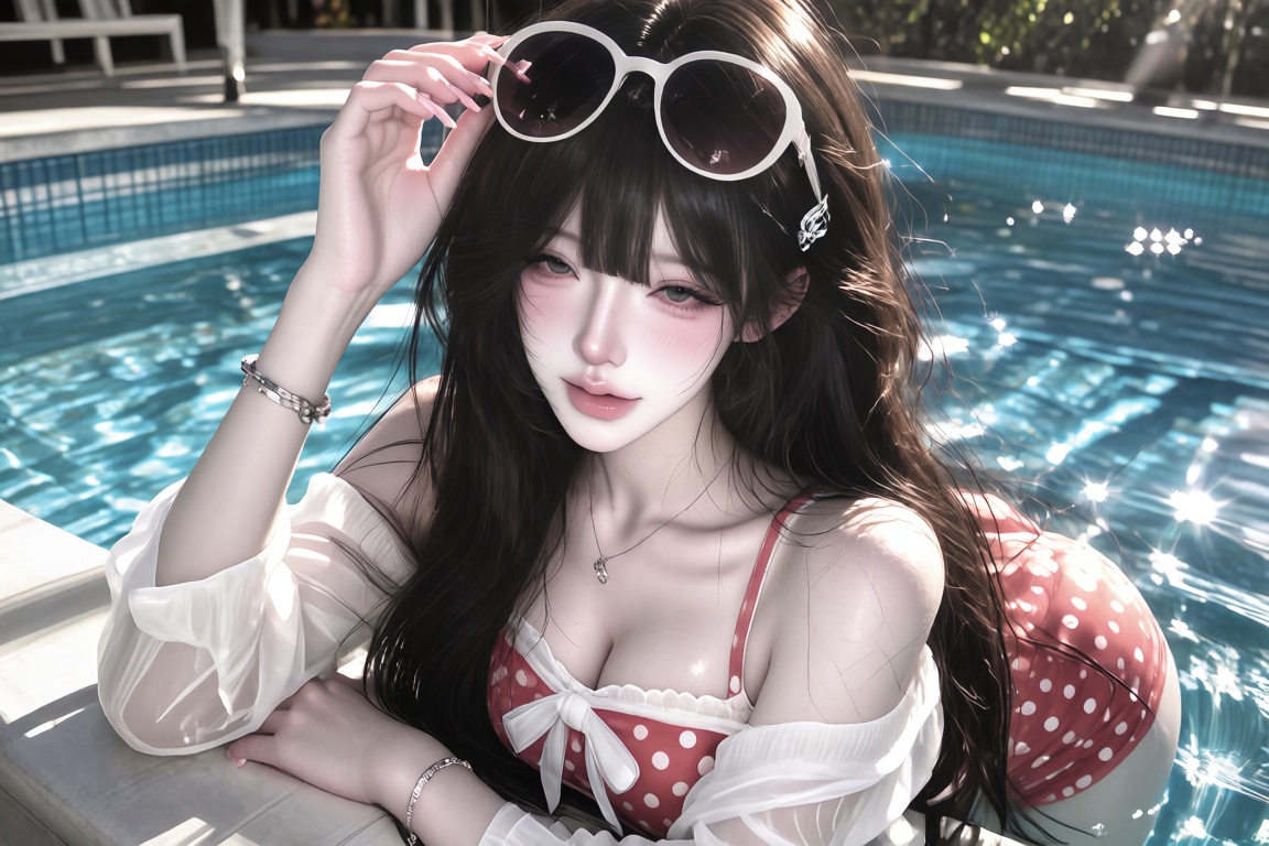 An Asian girl with wet-look long black hair,  wearing a retro polka-dot swimsuit with a sheer white cover-up and oversized...