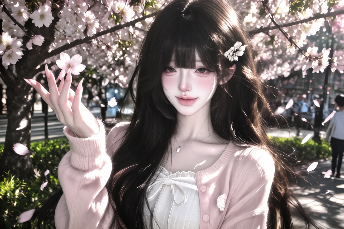 An Asian girl with long black hair and air bangs,  wearing a soft pink knit cardigan over a white dress,  a small pearl ha...