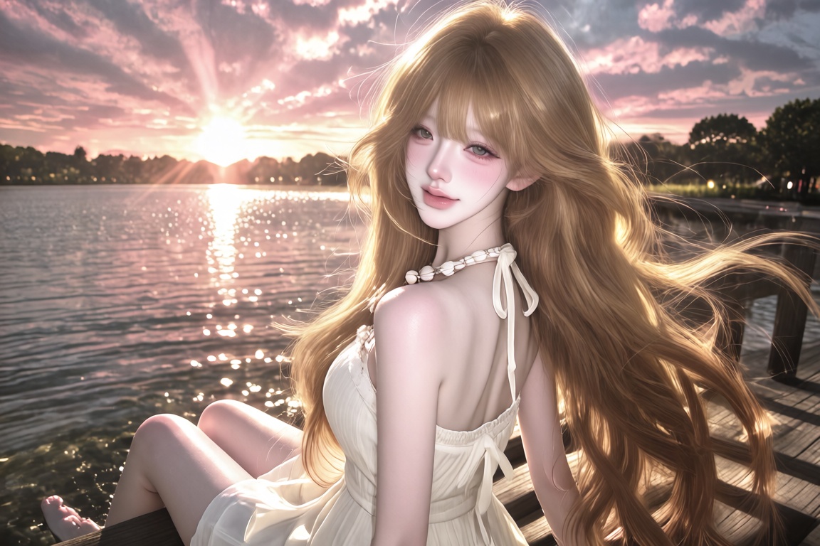 A young Asian girl with long golden-brown hair blowing in the wind,  wearing an off-white halter dress and a delicate shel...