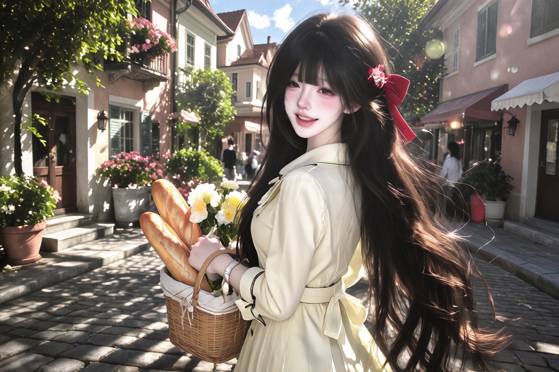 An Asian girl with long black hair and a red hair ribbon,  wearing a light-yellow trench dress and carrying a small woven...