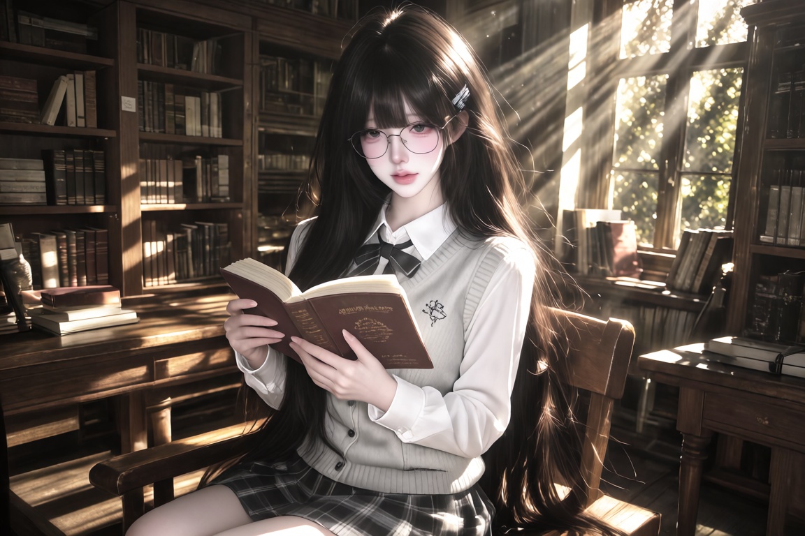 An Asian girl with long straight black hair and wispy bangs,  wearing a white shirt,  a light-gray knit vest on Tensor.Art