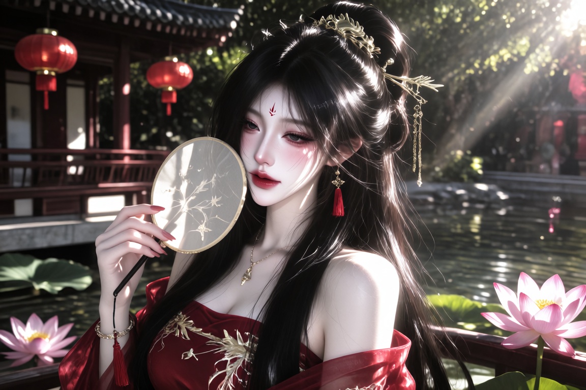 An Asian female,  20 year old,  long black hair in a half-up style with a gold phoenix hairpin and dangling tassels on Ten...