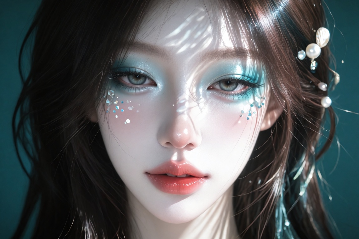 Close-up beauty portrait of an Asian female with mermaid makeup: teal and pearl-white eyeshadow,  tiny scale-like sequins...