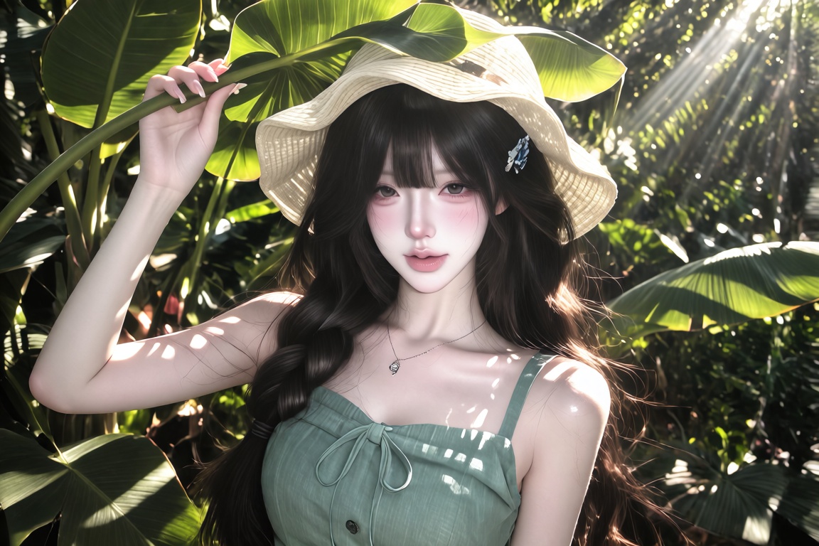 An Asian girl with long black hair tied in a loose side braid,  wearing a green linen dress and a woven bucket hat,  holdi...