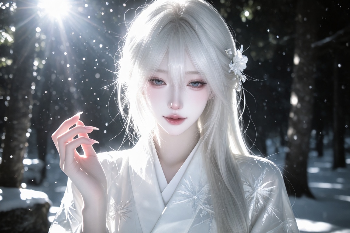 An Asian female,  20 year old,  long white hair and pale ice-blue eyes on Tensor.Art