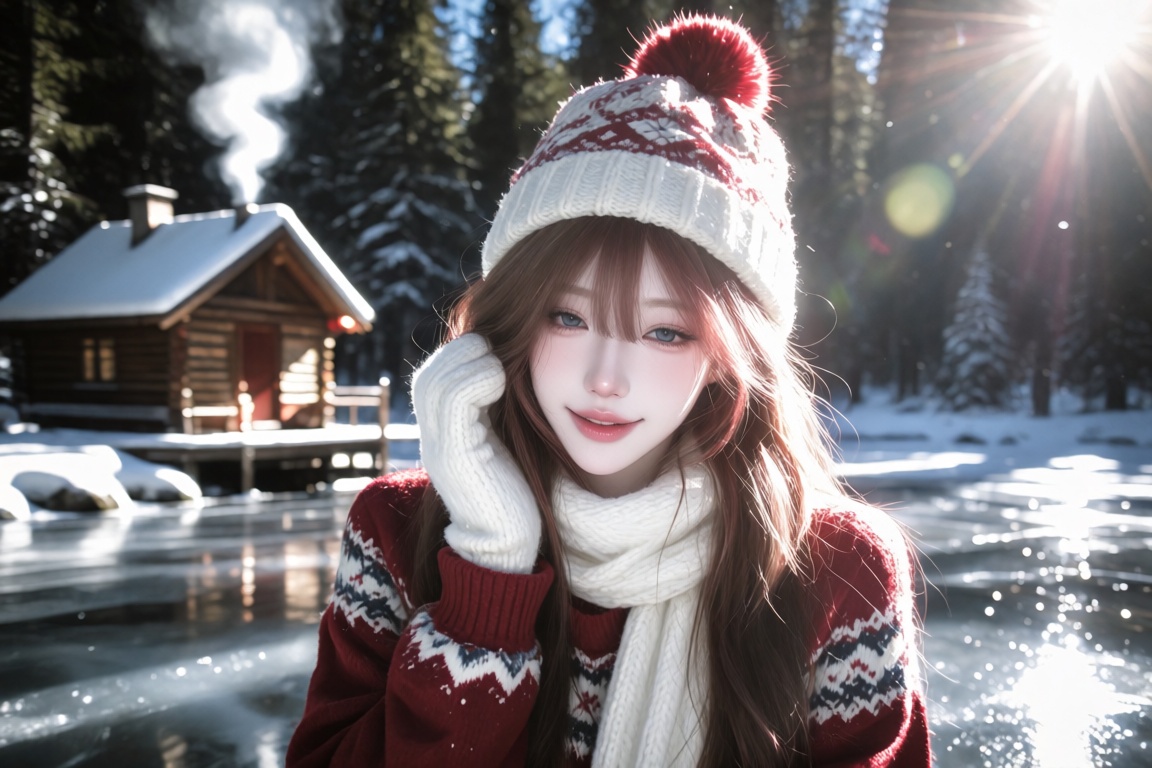 An Asian female,  20 year old,  long loose blonde hair under a knitted pompom beanie and bright blue eyes on Tensor.Art