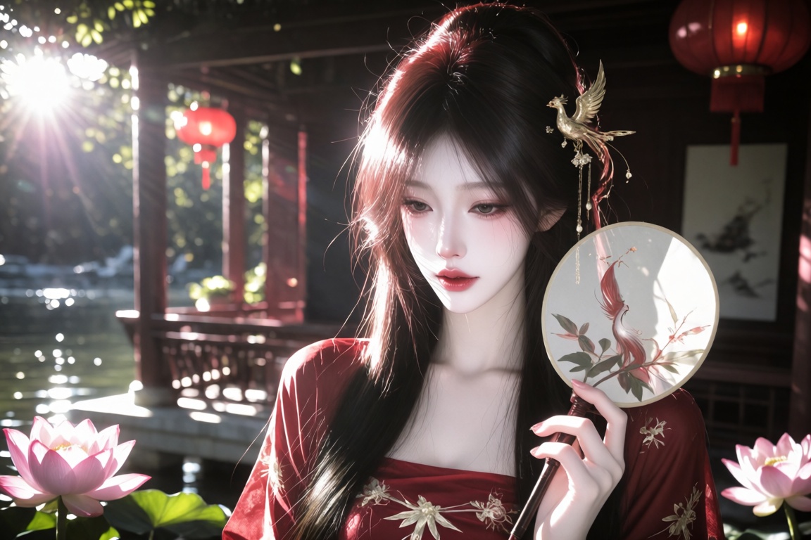 An Asian female,  20 year old,  long black hair in a half-up style with a gold phoenix hairpin and dangling tassels on Ten...