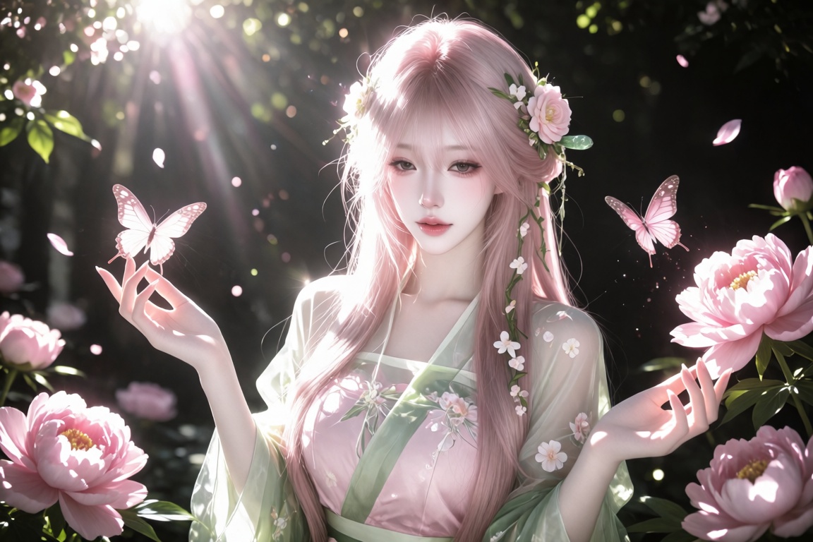 An Asian female,  20 year old,  long wavy pale-pink hair interwoven with real-looking flowers and vines on Tensor.Art