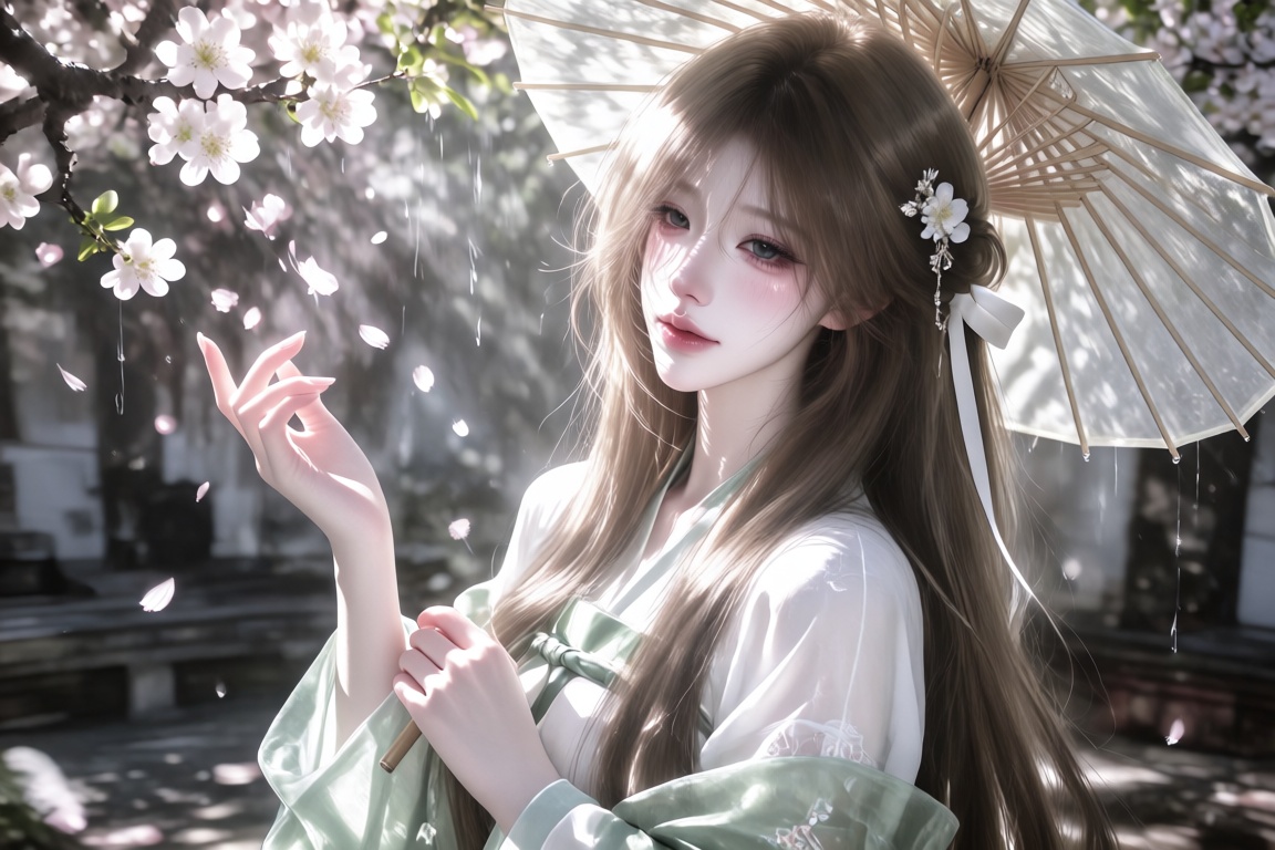 An Asian female,  20 year old,  long straight light-brown hair loosely tied with a white ribbon on Tensor.Art