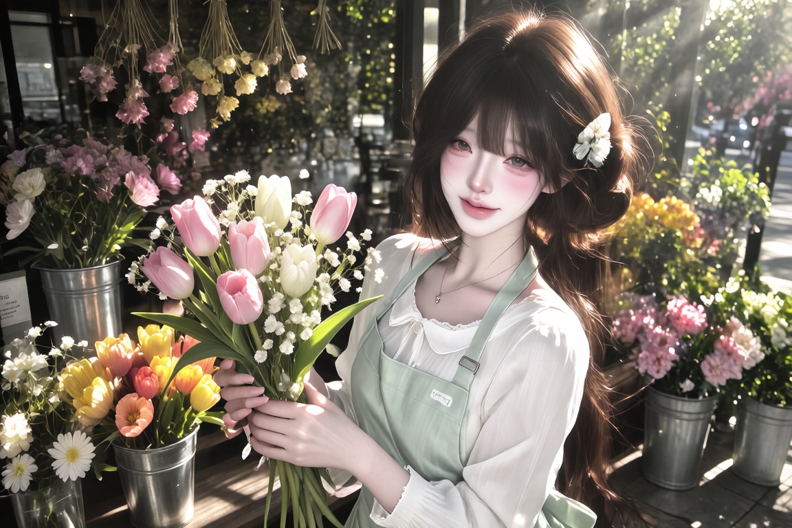 An Asian girl with a low messy bun and loose strands,  wearing a pastel-green apron over a white blouse,  arranging a bouq...