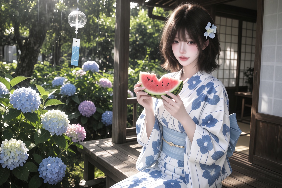 An Asian female,  20 year old,  short fluffy bob hair and a small hydrangea hairclip on Tensor.Art
