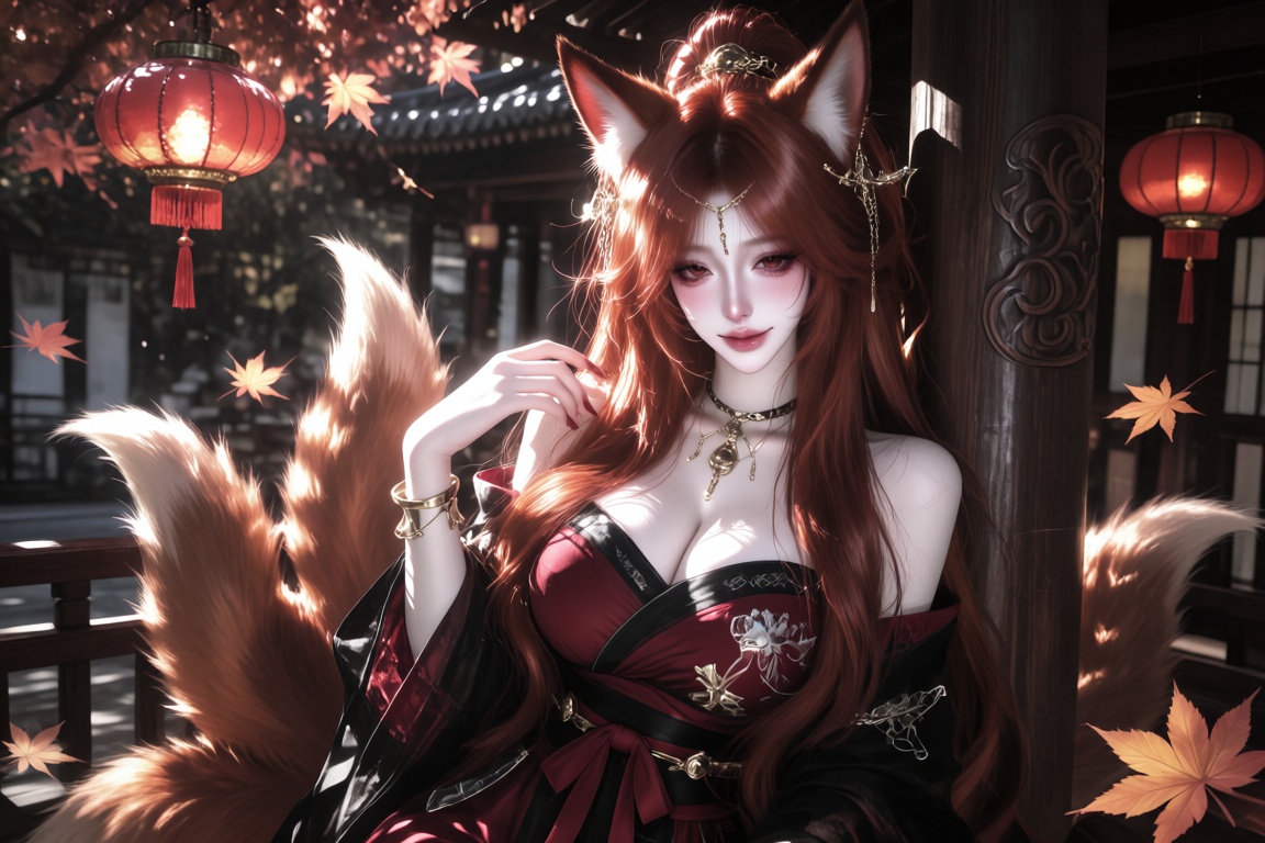 An Asian female,  20 year old,  red fox ears and three fluffy red-orange fox tails on Tensor.Art