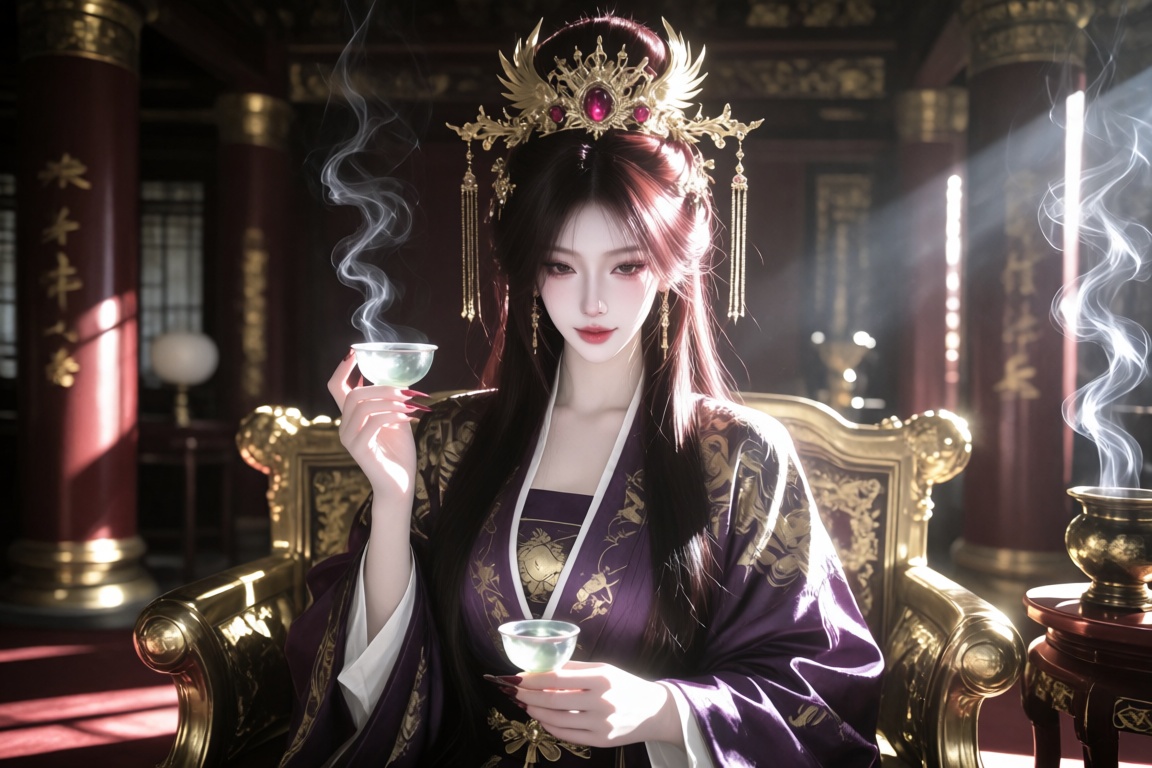 An Asian female,  20 year old,  an ornate phoenix crown of gold and rubies on Tensor.Art