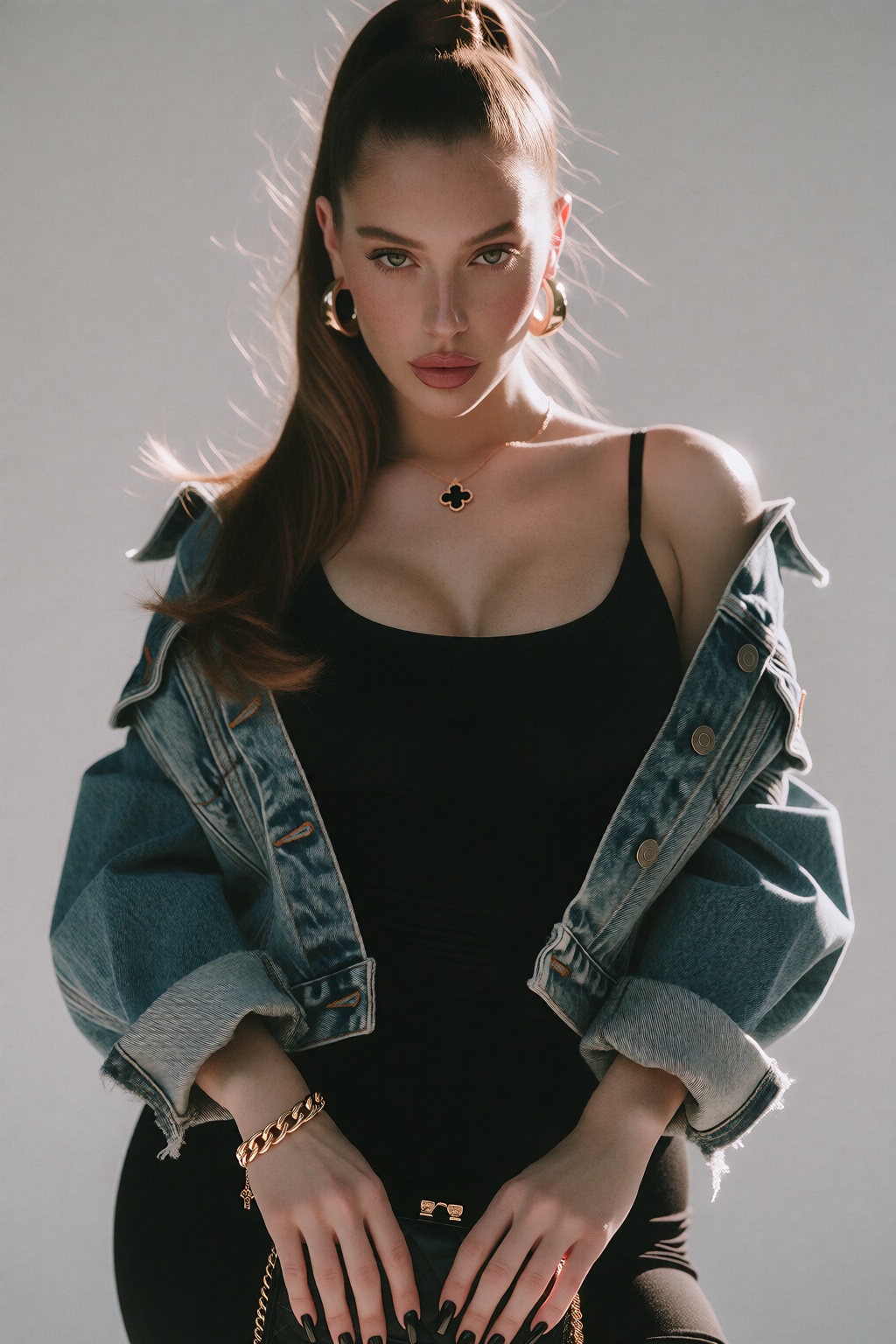 Photograph of a Caucasian woman with light skin and long,  straight brown hair styled in a high ponytail. She has striking...
