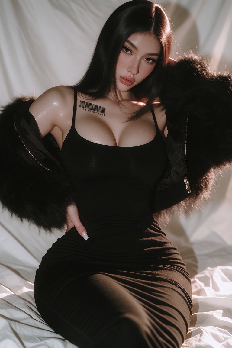 Photograph of a young East Asian woman with extremely long,  straight black hair that is neatly parted in the middle. She...