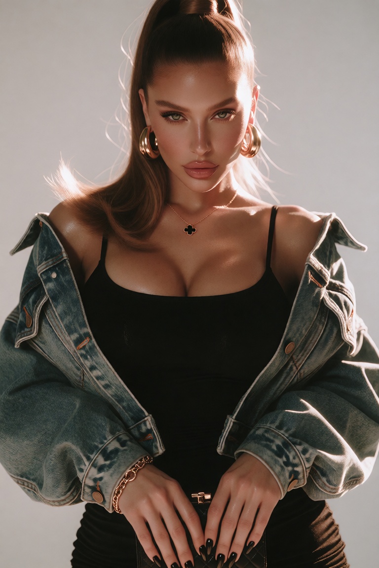 Photograph of a Caucasian woman with light skin and long,  straight brown hair styled in a high ponytail. She has striking...