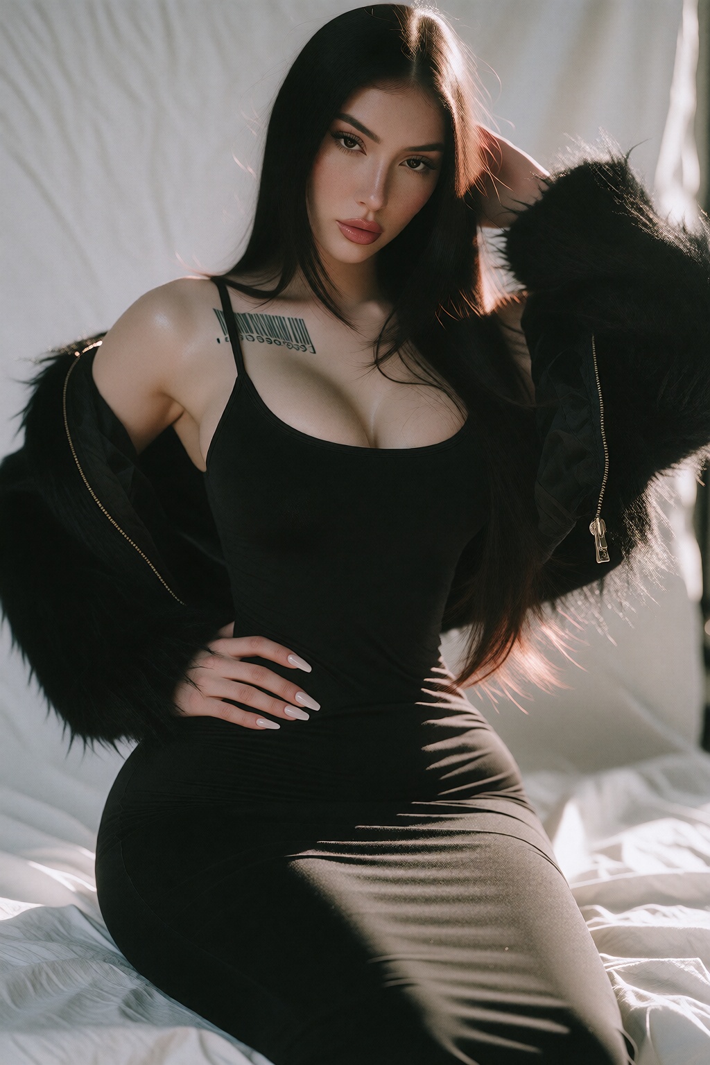 Photograph of a young East Asian woman with extremely long,  straight black hair that is neatly parted in the middle. She...