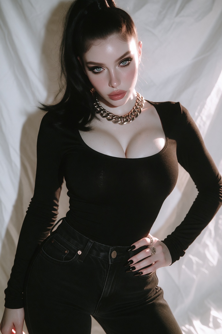 Photograph of a young woman with pale skin and black hair in a high ponytail. She has striking blue eyes,  full pink lips,...