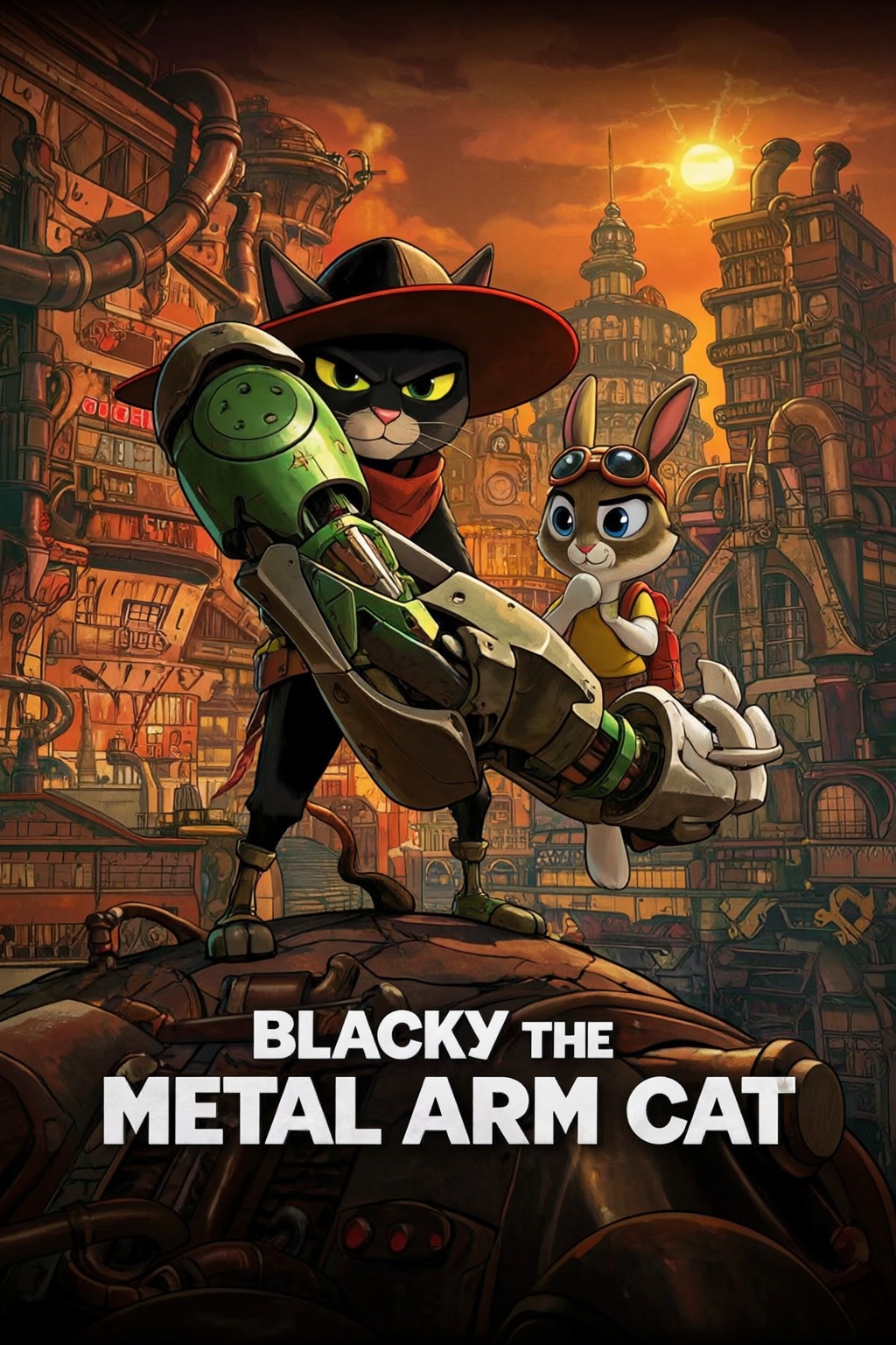 { "high_level_description": "An action-packed comic movie poster featuring an anthropomorphic black cat warrior with a lar...