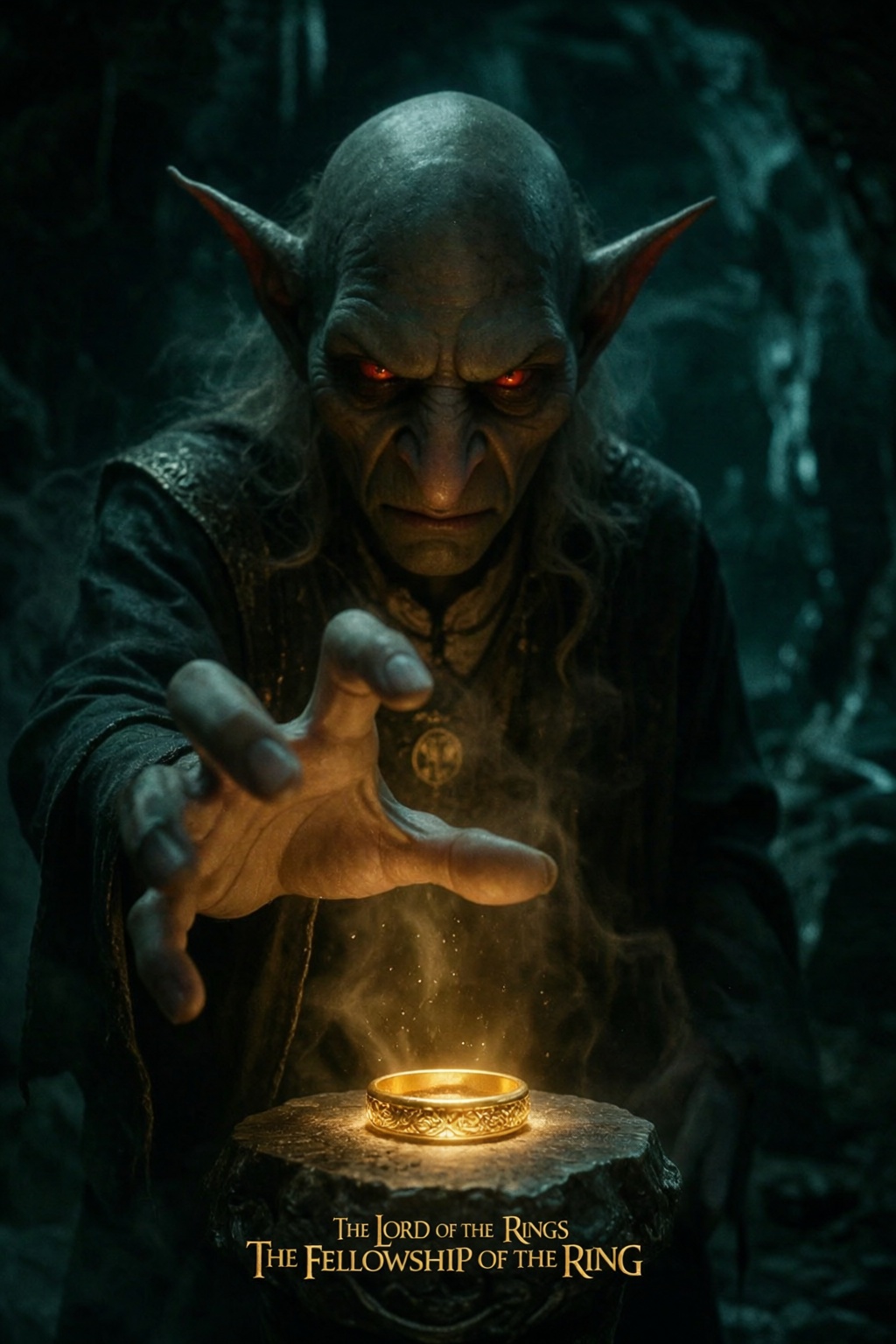 { "high_level_description": "A dark fantasy poster featuring a sinister goblin-like creature reaching out toward a glowing...
