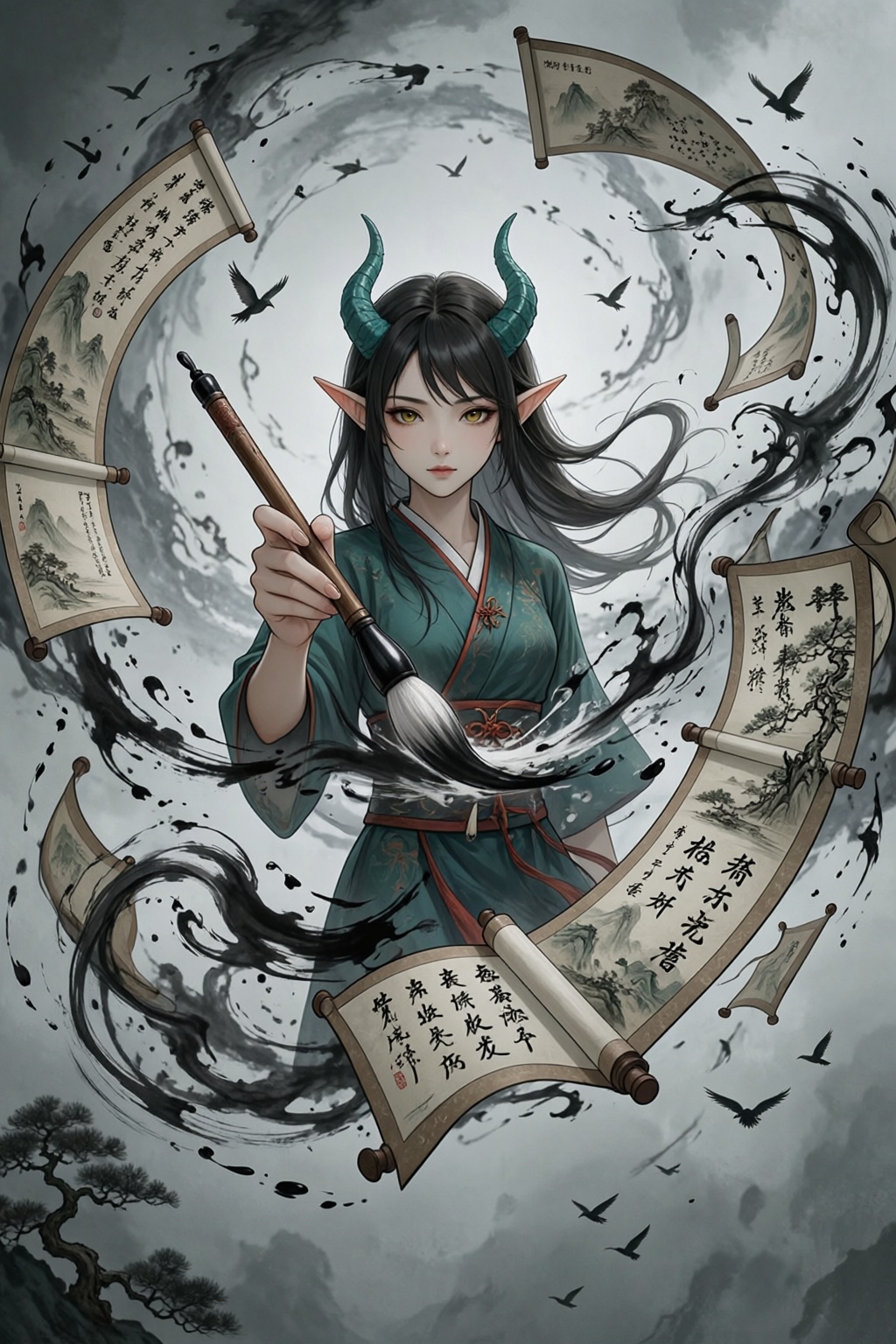 { "high_level_description": "A dark fantasy digital illustration of an elf-like female artist with teal dragon horns,  wea...