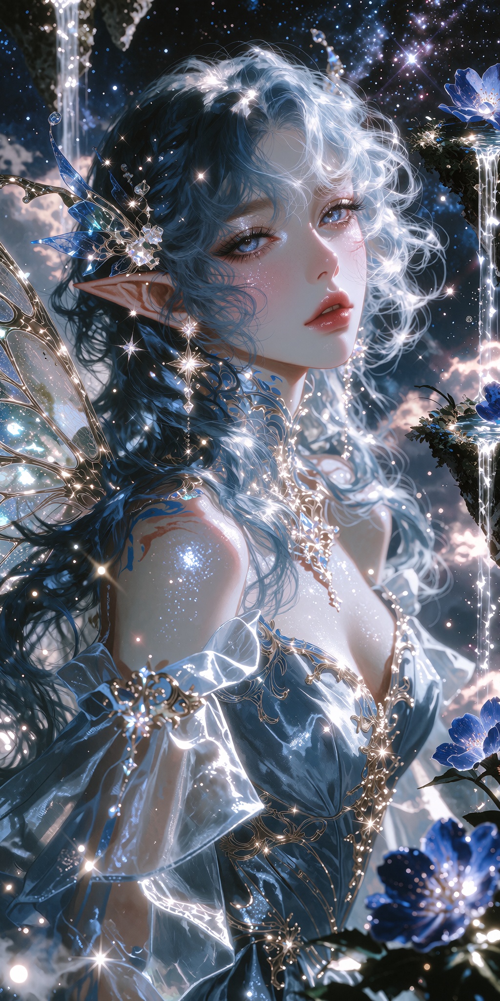 A captivating portrait of an ethereal celestial elf maiden with long,  flowing silver-blue hair fading into luminous sapph...