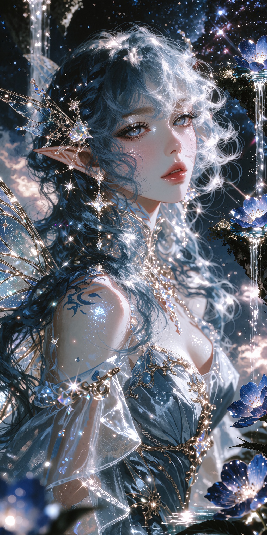 A captivating portrait of an ethereal celestial elf maiden with long,  flowing silver-blue hair fading into luminous sapph...