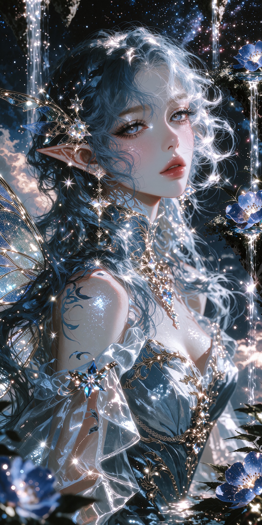 A captivating portrait of an ethereal celestial elf maiden with long,  flowing silver-blue hair fading into luminous sapph...