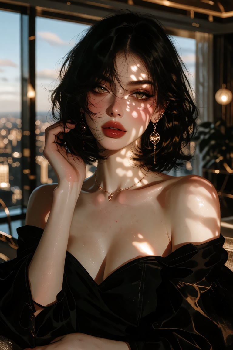 Soft cinematic lighting with delicate dappled sunlight falling across her face. An alluring ***** woman with a sleek black...