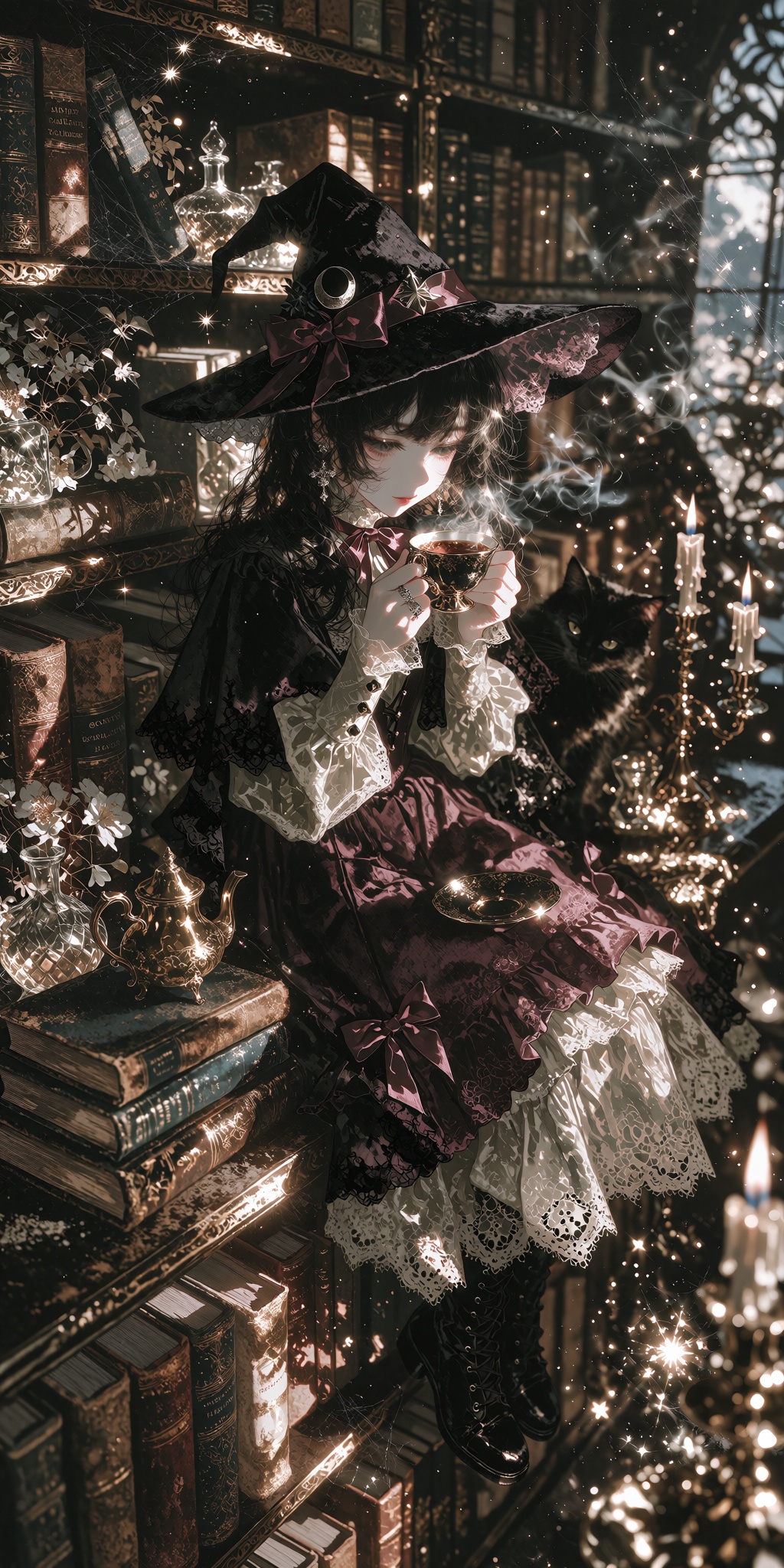 SUBJECT: A palm-sized witch girl sits on the narrow edge of an antique wooden bookshelf,  her long black hair cascading be...