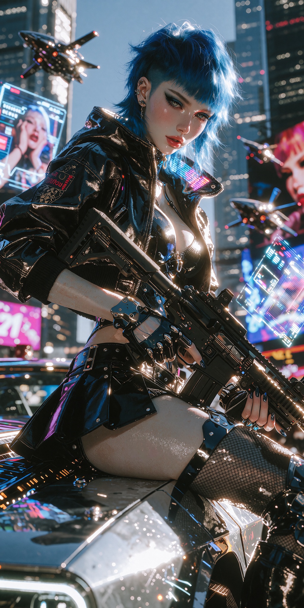 alluring ***** female character With short electric-blue hair styled into a jagged cyberpunk mullet and piercing eyes,  ca...