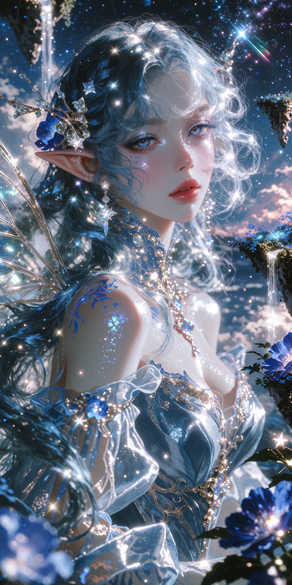 A captivating portrait of an ethereal celestial elf maiden with long,  flowing silver-blue hair fading into luminous sapph...
