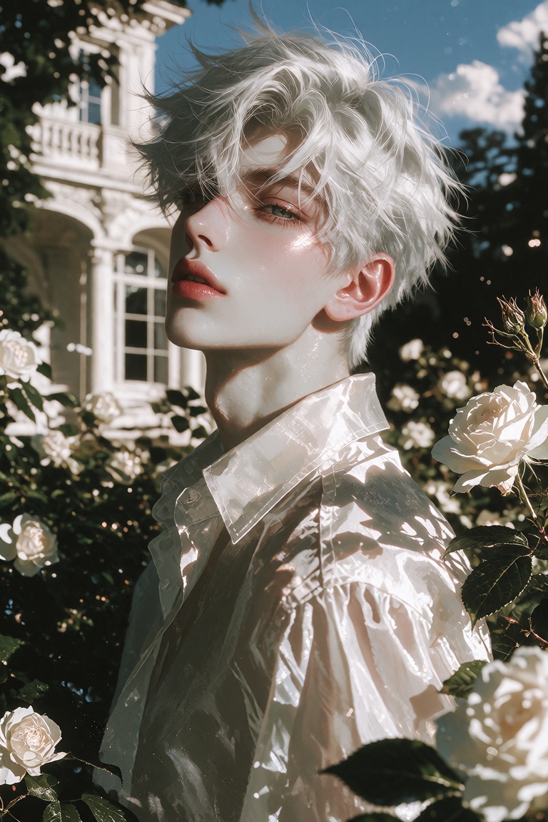 A handsome young man With gray eyes and messy white hair He's standing alone in a garden of a white villa looking up at th...