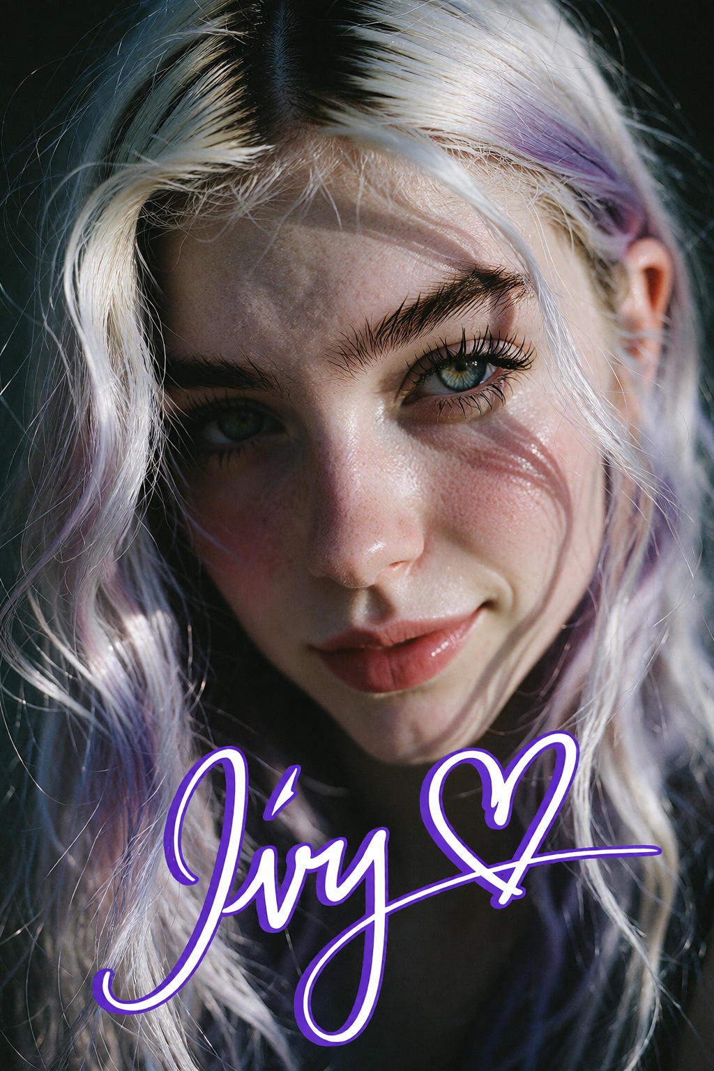 An analog portrait photo of 18 years old young woman. She has pale skin with long messy platinum hair parted in the middle...