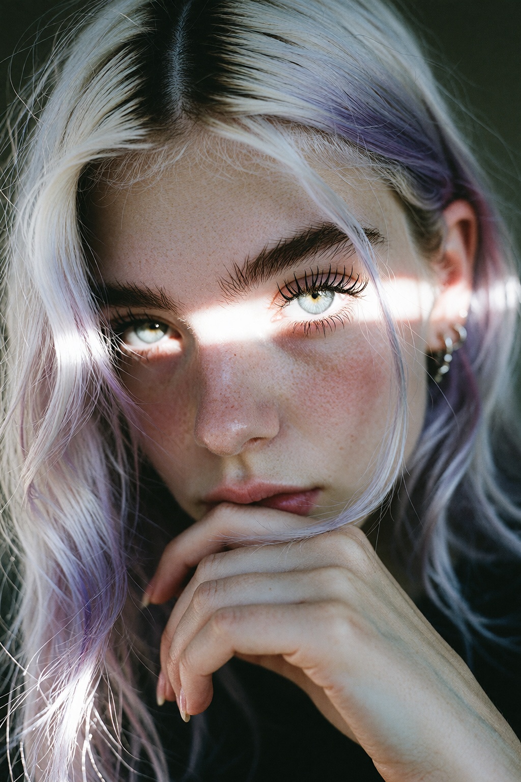 An analog portrait photo of 18 years old young woman. She has pale skin with long messy platinum hair parted in the middle...