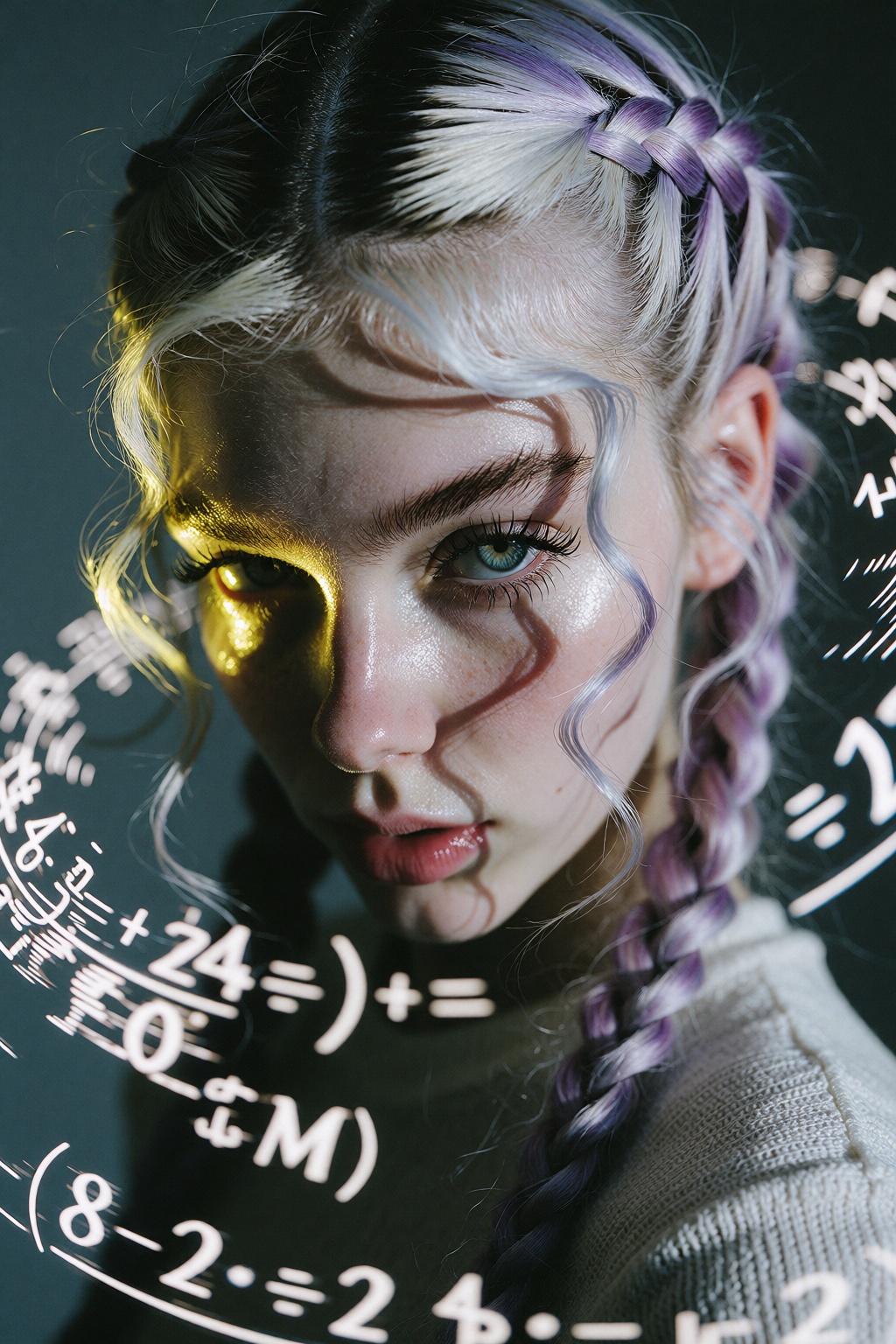 An analog portrait photo of 18 years old young woman. She has pale skin with long platinum hair,  visible natural dark roo...