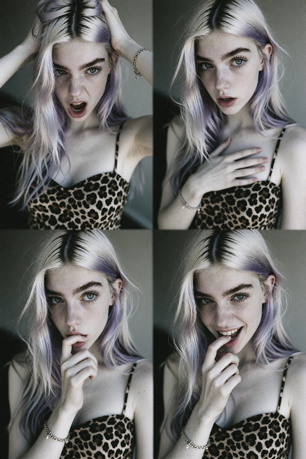 An analog portrait photo of 18 years old young woman. She has pale skin with long platinum hair,  visible natural dark roo...