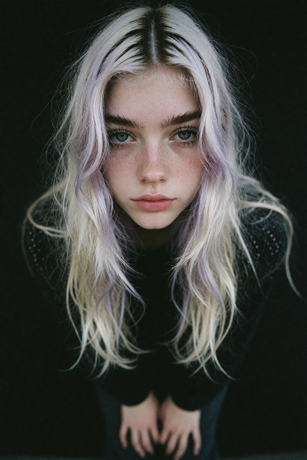 An analog portrait photo of 18 years old young woman. She has pale skin with long platinum hair,  visible natural dark roo...