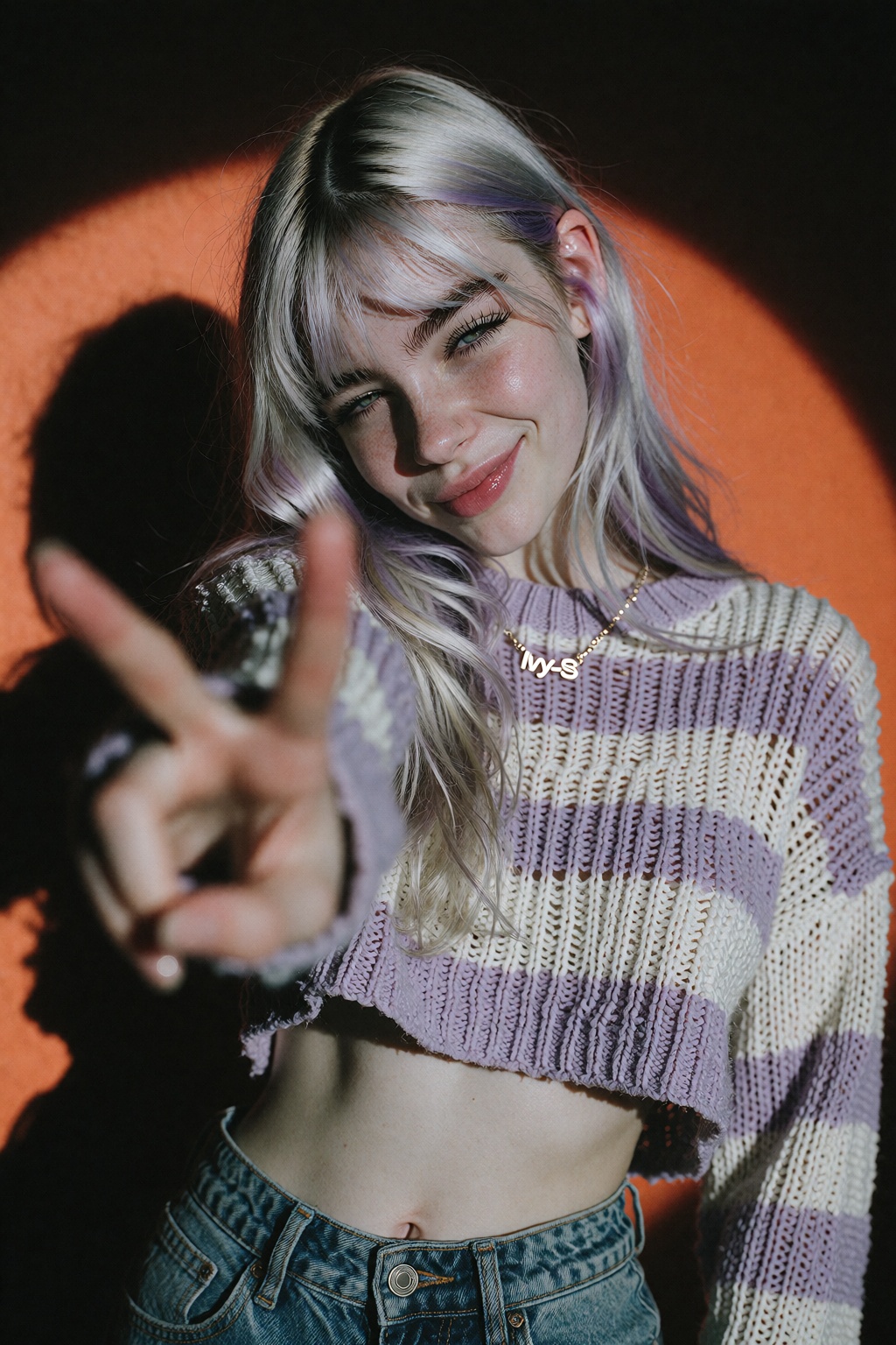 K_IvySReal. Candid portrait of a 20-year-old young girl. She has pale skin with long platinum hair,  visible natural dark...