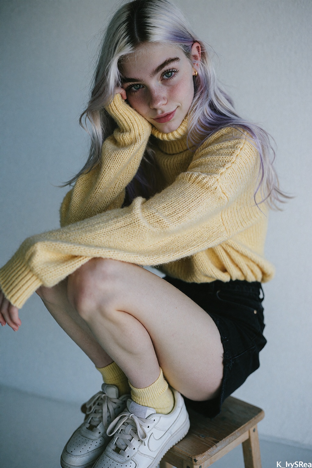 K_IvySReal. Candid portrait of a 20-year-old young girl. She has pale skin with long platinum hair,  visible natural dark...
