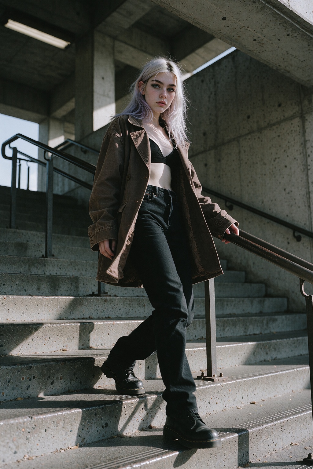 K_IvySReal. Candid portrait of a 20-year-old young girl. She has pale skin with long platinum hair,  visible natural dark...