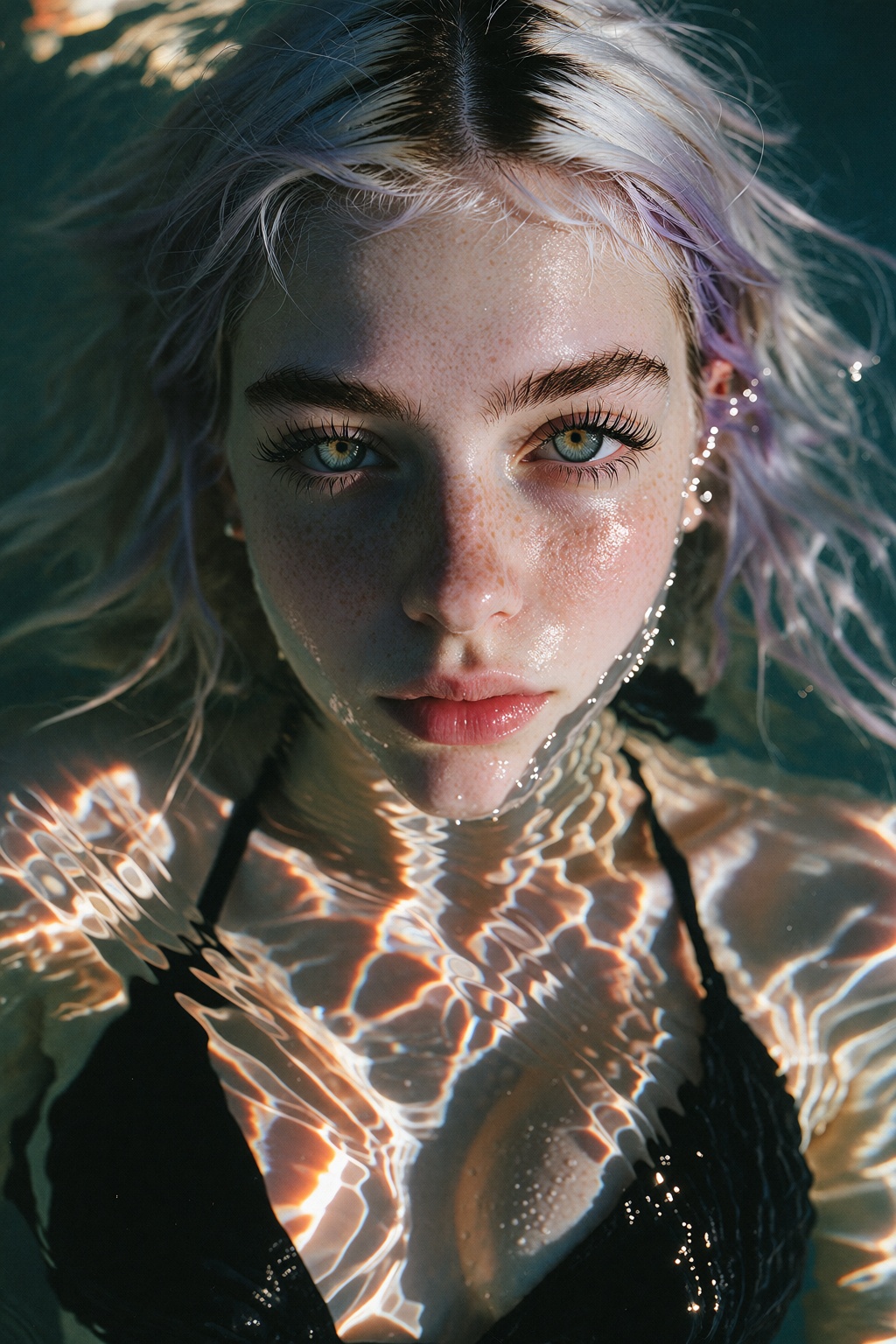 An analog portrait photo of 18 years old young woman. She has pale skin with long messy platinum hair parted in the middle...