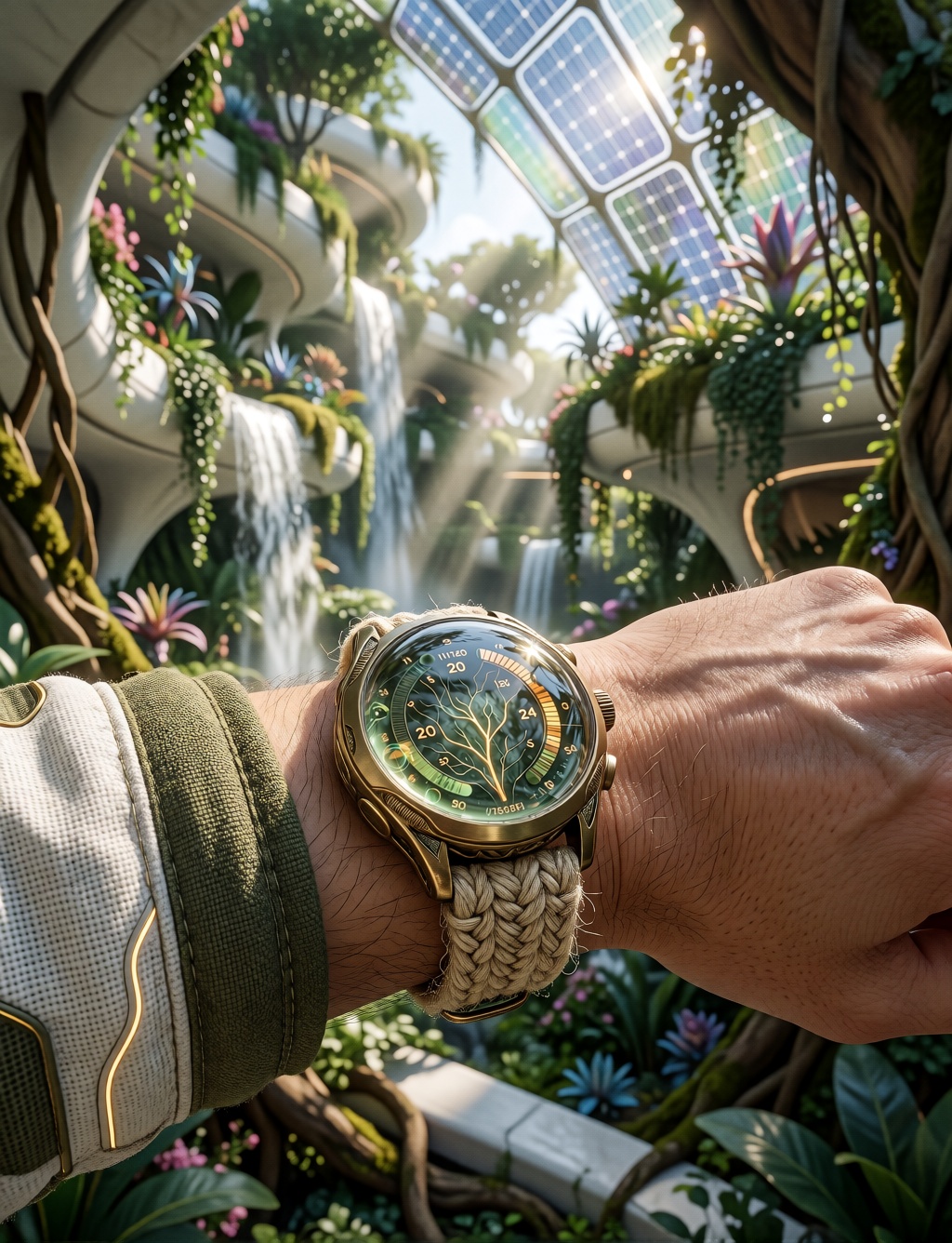 PROMPT: solarpunk-bio-style,  a sci-fi futuristic solarpunk biophilic smartwatch on a wrist,  the strap woven from natural...