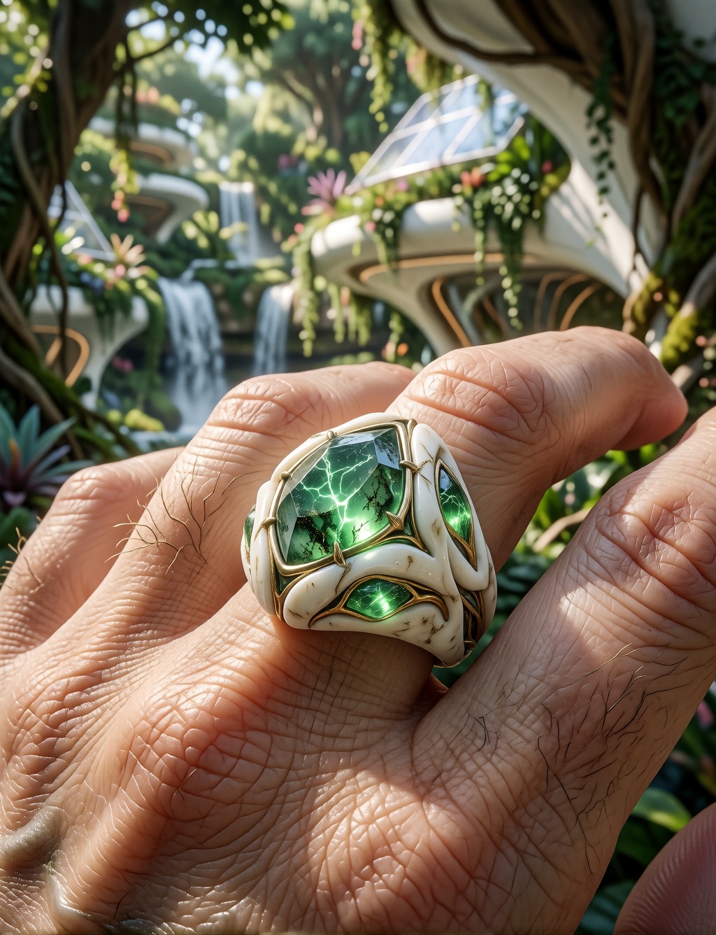 PROMPT: solarpunk-bio-style,  a macro close-up of a smart ring on a finger,  sculpted from ivory bio-ceramic on Tensor.Art